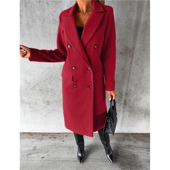 Womens Long Wool Coat Double Breasted Trench Coat Wine Red - Picture 4 of 4